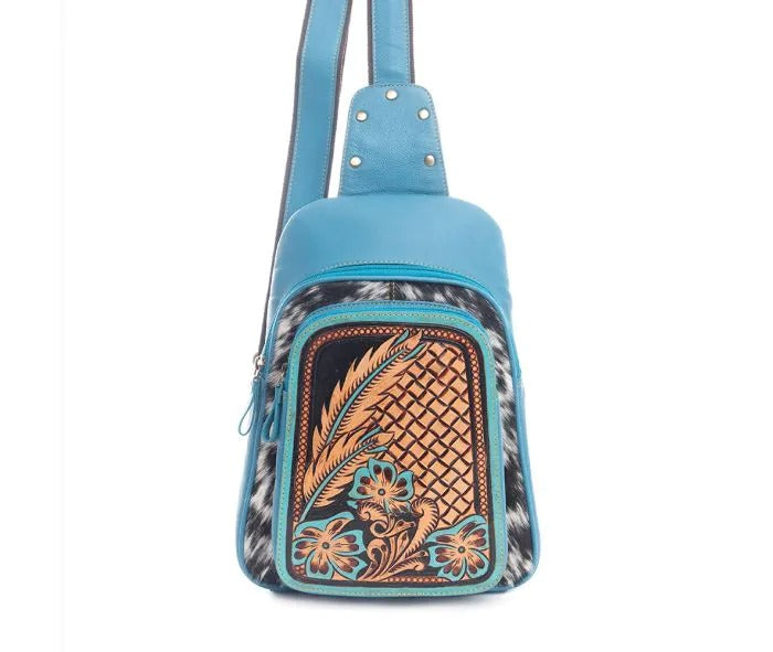 Myra Bag: S-9759 "Arroya Fields Hand-Tooled River Blue Leather Hair-On Hide Sling Bag"