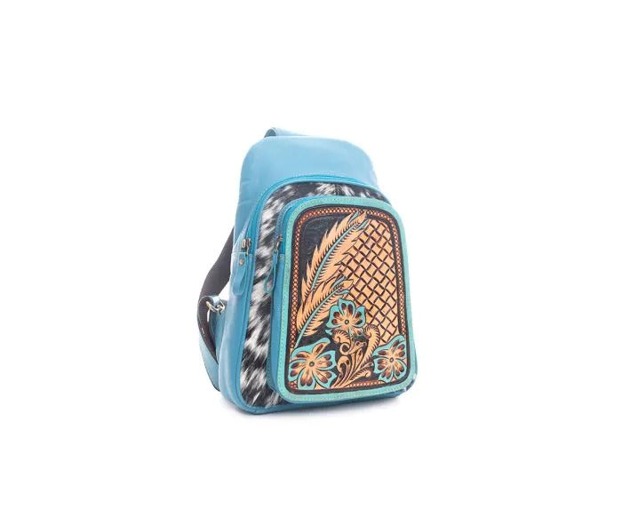 Myra Bag: S-9759 "Arroya Fields Hand-Tooled River Blue Leather Hair-On Hide Sling Bag"