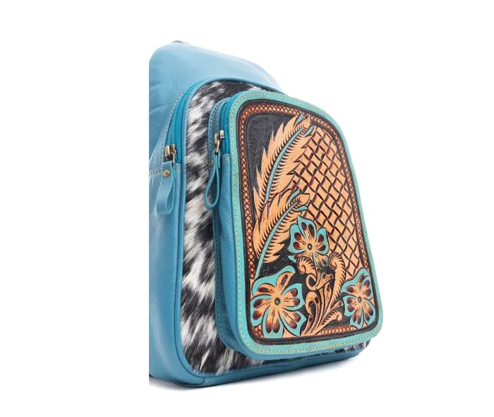 Myra Bag: S-9759 "Arroya Fields Hand-Tooled River Blue Leather Hair-On Hide Sling Bag"