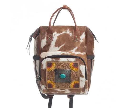 Myra Bag: S-9804 "Sunflower Spree Hand-Tooled Leather Hair-On Hide Diaper Bag"