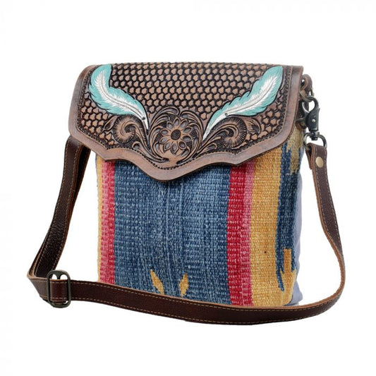 Myra Bag: S-3058 "Blue Feather Hand-Tooled Crossbody Bag"